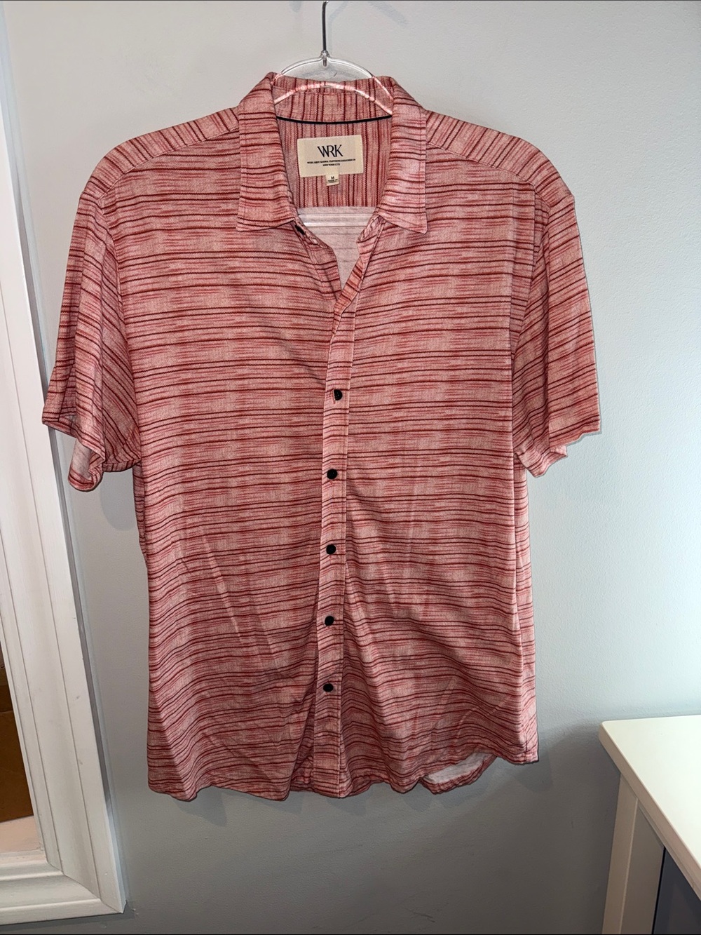 WRK Men's Short Sleeve Button-Down Shirt in Red Stripe